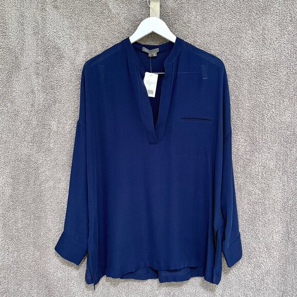 Vince Half Placket pocket long sleeved silk top / tunic Sapphire Blue Large - Picture 2 of 7